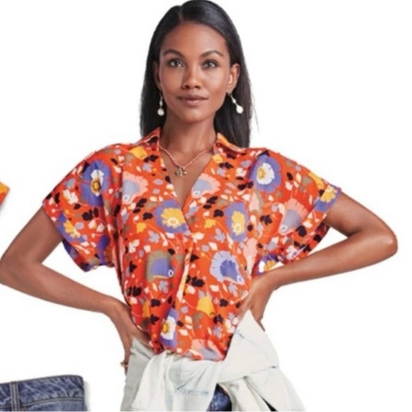 Cabi Replay Top Orange with Flowers - Picture 1 of 7